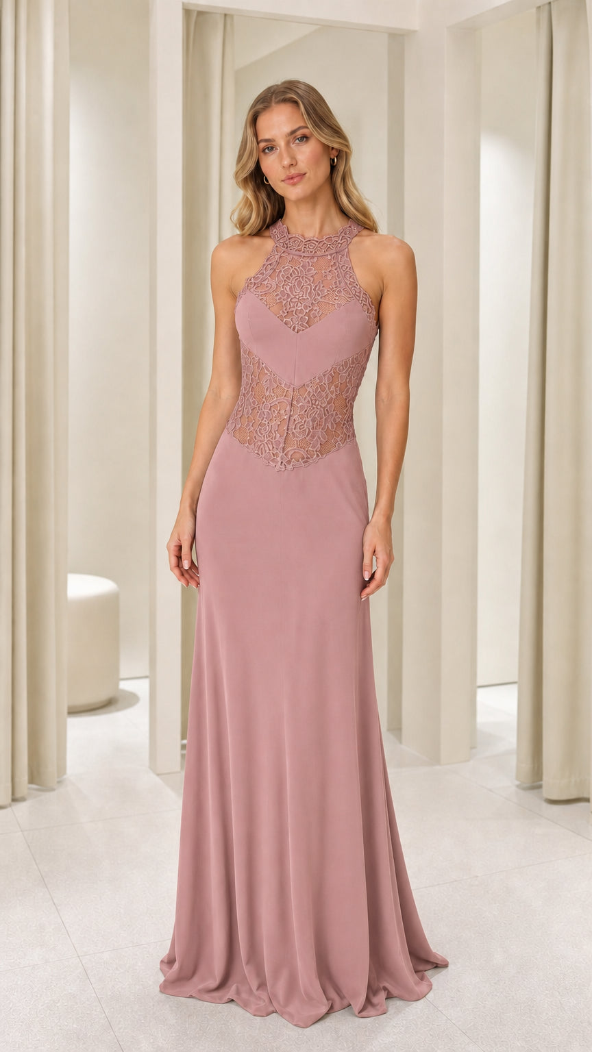 Dusty rose color variant of the lace bodice maxi dress