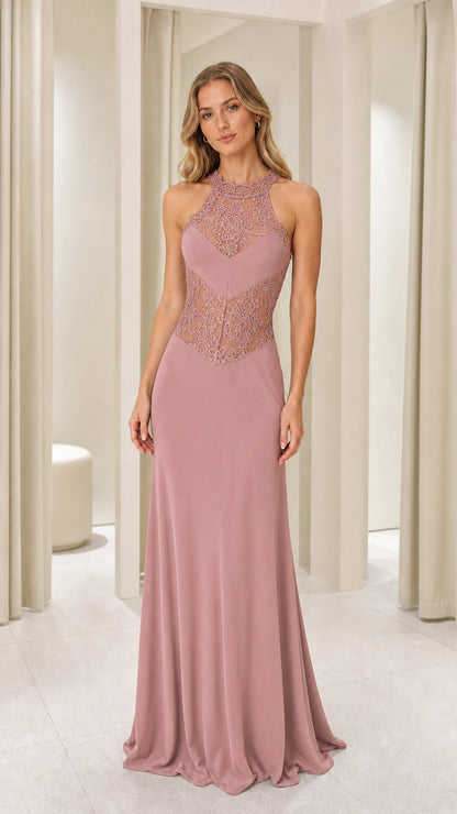 Dusty rose color variant of the lace bodice maxi dress