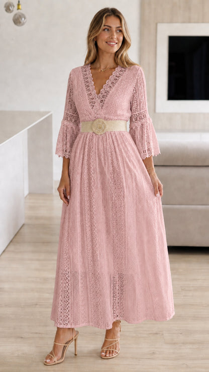 Model wearing pink lace maxi dress with woven belt