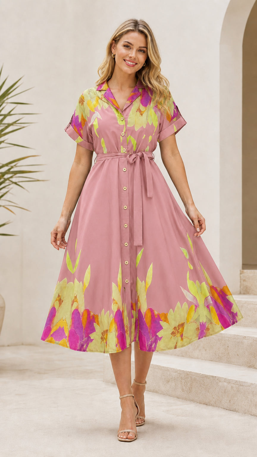 Dusty pink short-sleeve button-front midi shirt dress with floral border print