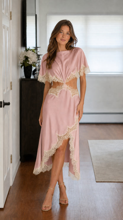 Front view of pink satin lace-trim cutout midi dress