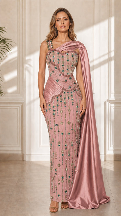 Front view of pink color variant with matching satin cape