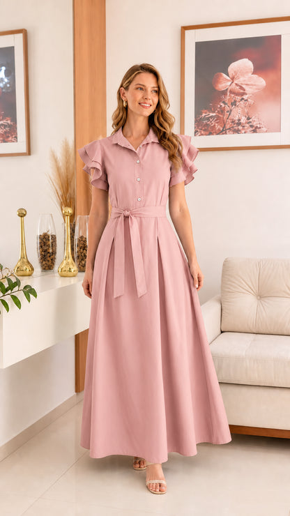 Woman wearing pink ruffle sleeve shirt dress
