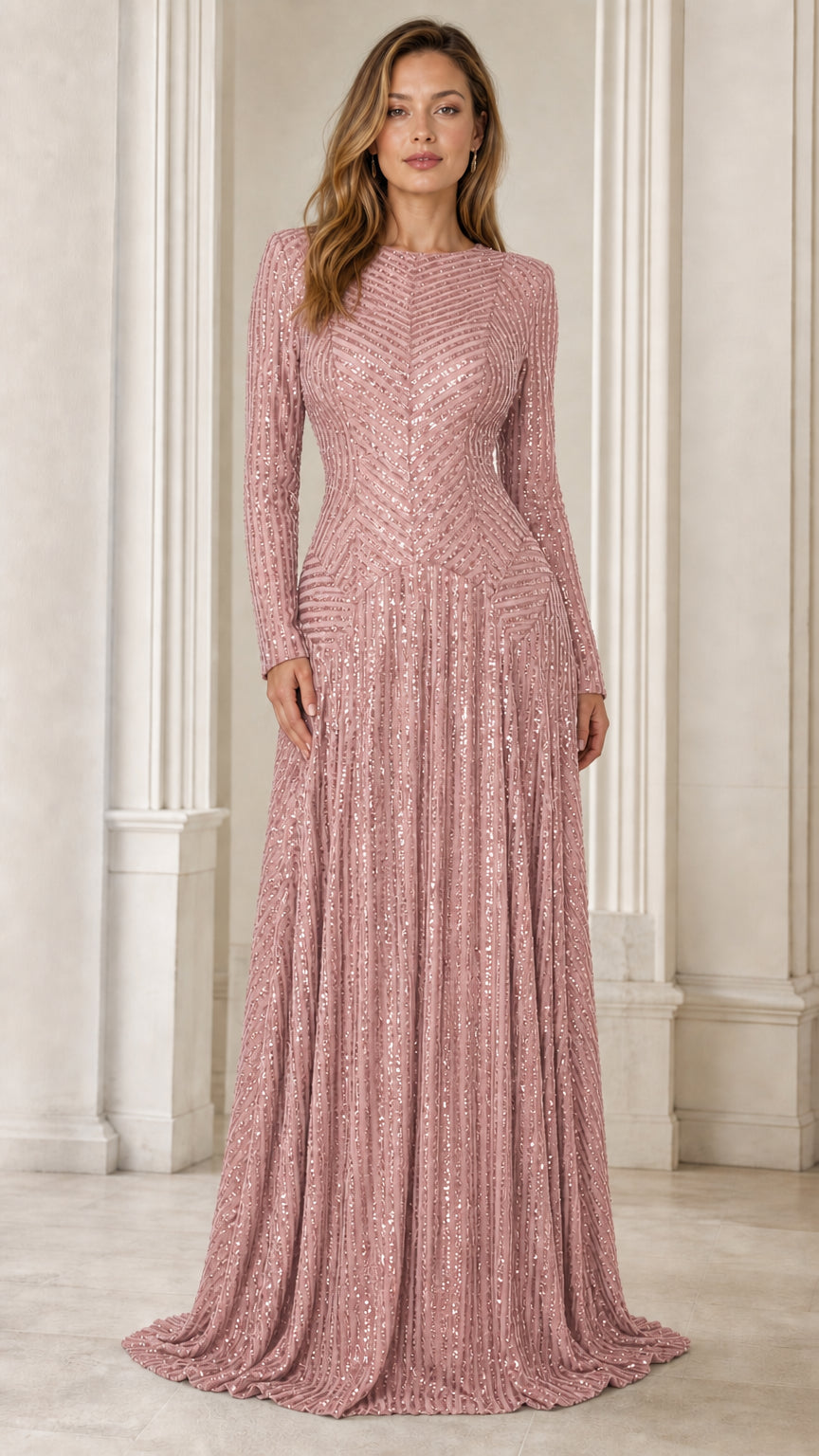 Front view of model wearing Dusty Rose long-sleeve sequin A-line formal dress