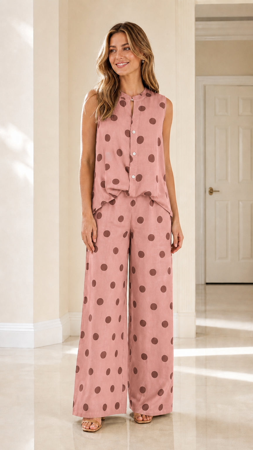 Front view of pink polka dot matching set