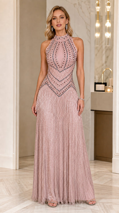 Blush pink rhinestone beaded halter maxi dress with fringe skirt