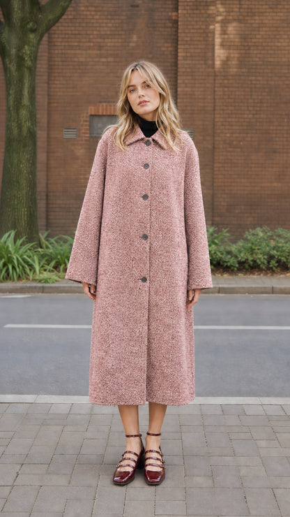 Women's Dusty Rose textured herringbone longline coat full view