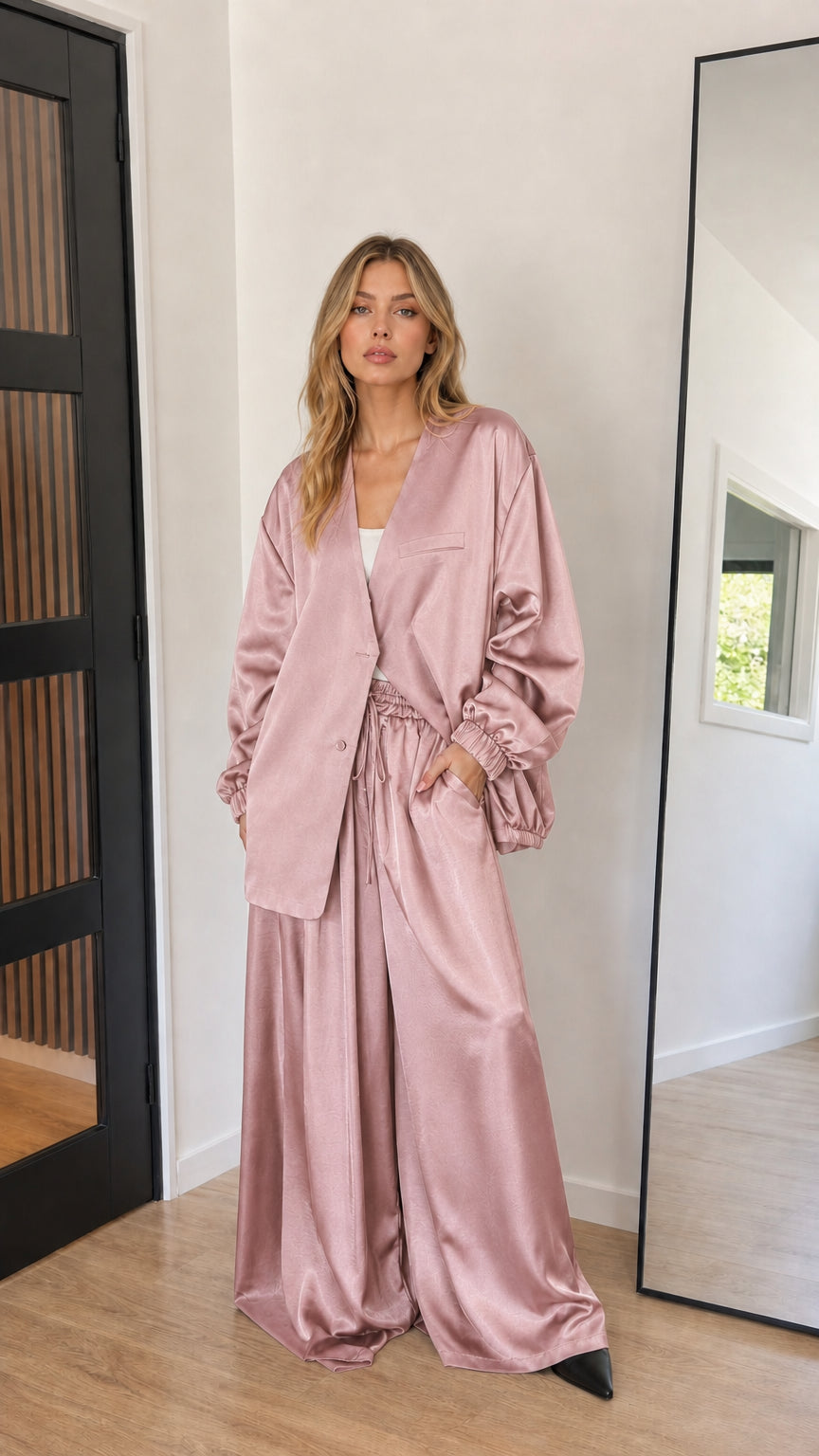 Dusty pink satin matching jacket and wide-leg pant set