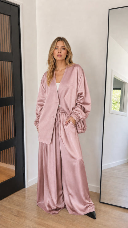 Dusty pink satin matching jacket and wide-leg pant set
