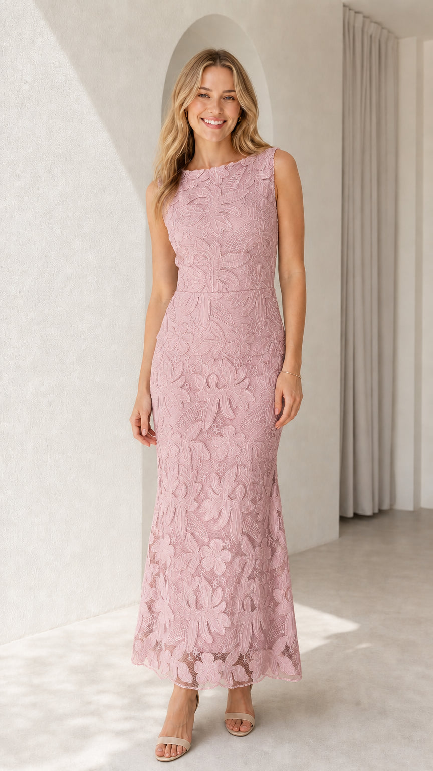 Model wearing dusty pink sleeveless floral lace maxi dress