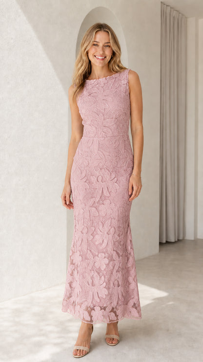 Model wearing dusty pink sleeveless floral lace maxi dress
