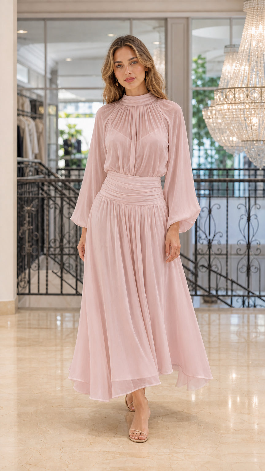 Front view of Pink chiffon pleated maxi dress on a model