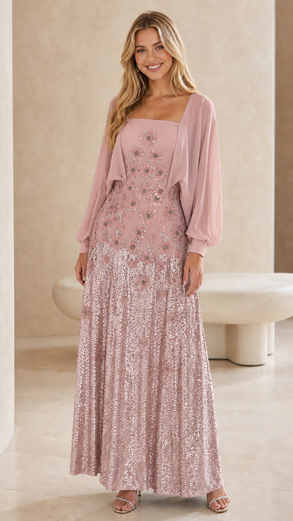 Front view of dusty pink floral sequin maxi evening gown