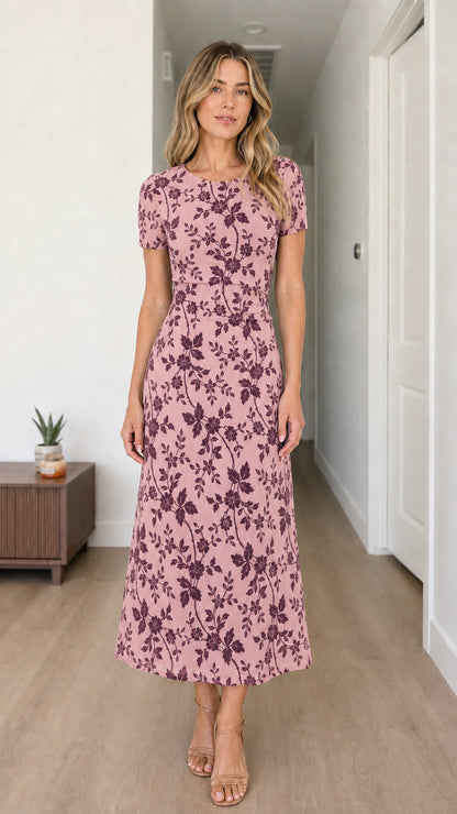 Woman wearing pink floral midi dress