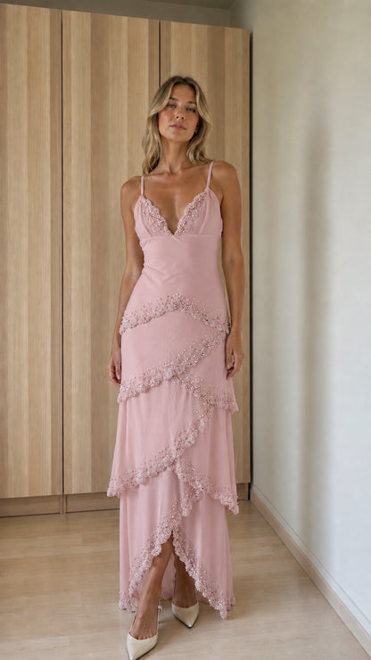 Front view of dusty pink tiered beaded maxi dress