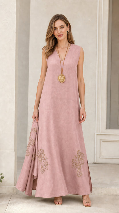 Front view of model wearing dusty pink sleeveless maxi dress
