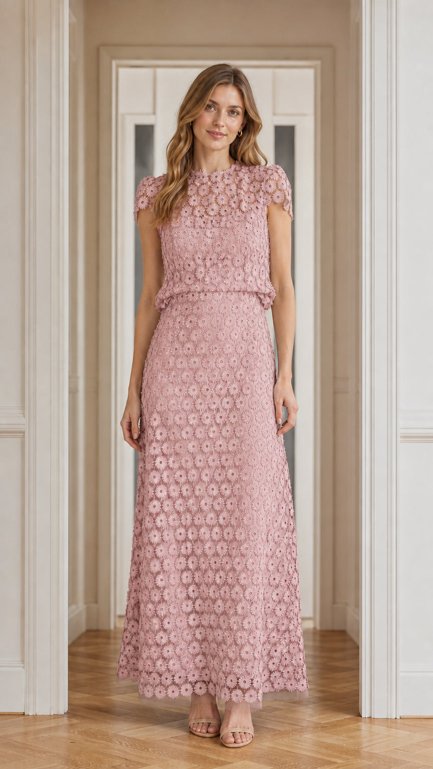 Model wearing dusty rose floral lace maxi dress, front view