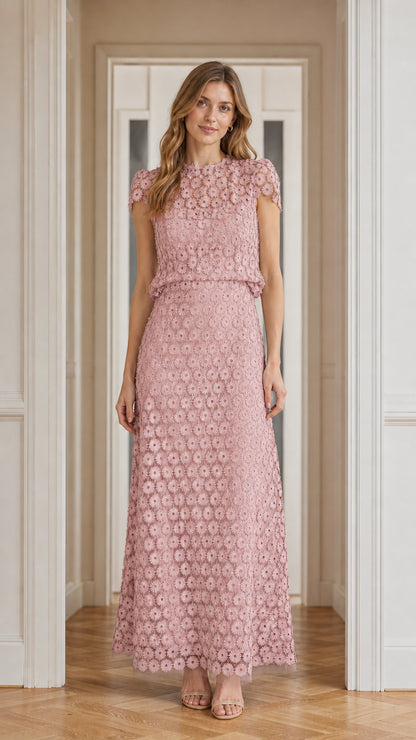 Model wearing dusty rose floral lace maxi dress, front view