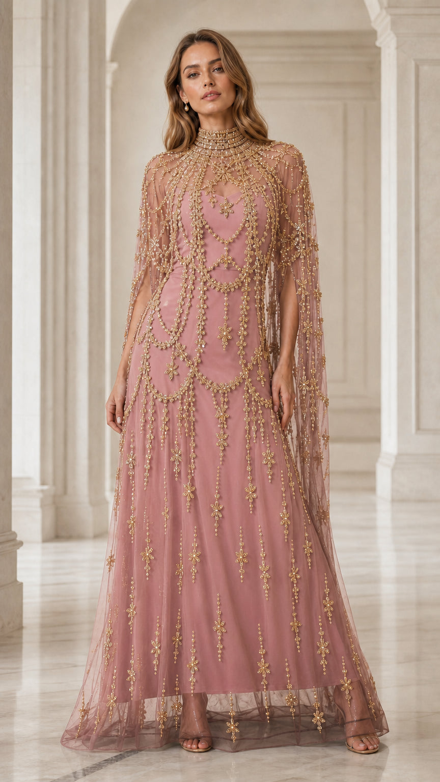 Model wearing dusty rose colored beaded evening gown