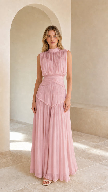 Model wearing dusty pink high-neck pleated chiffon evening maxi dress