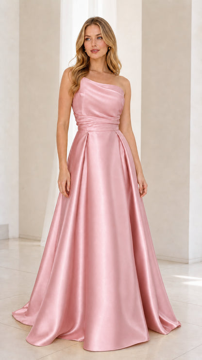 Front view of pink one-shoulder satin evening dress