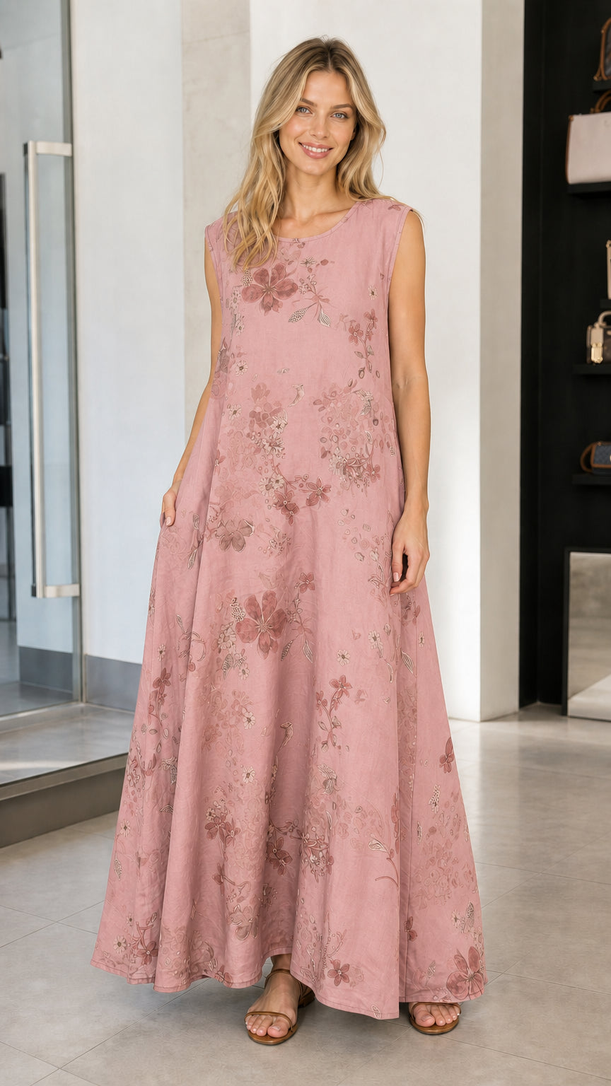 Model wearing pink floral sleeveless maxi dress
