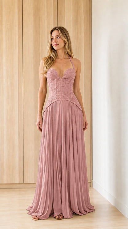 Front view of dusty pink halter lace bodice pleated maxi dress