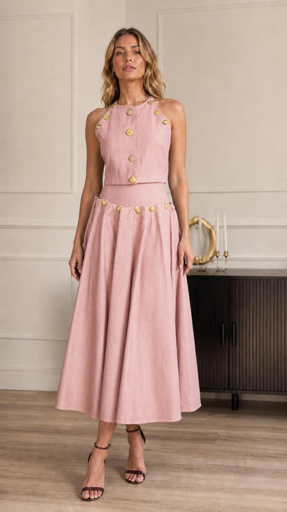 Full-length view of model in pink two-piece set