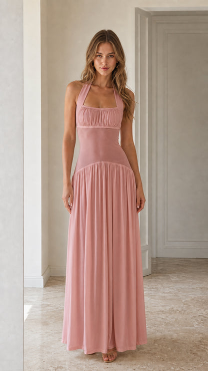 Front view of Pink halter neck maxi dress