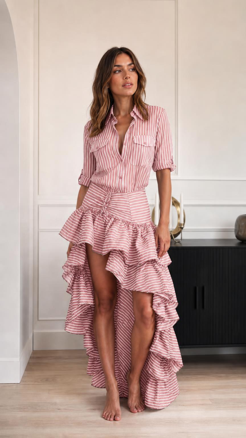 Model wearing pink striped high-low ruffle dress