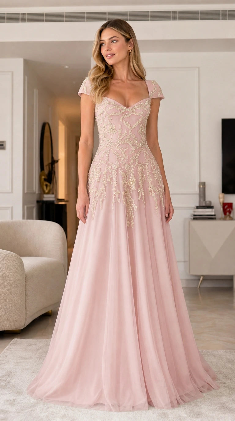 Blush pink variant of the embroidered tulle evening gown