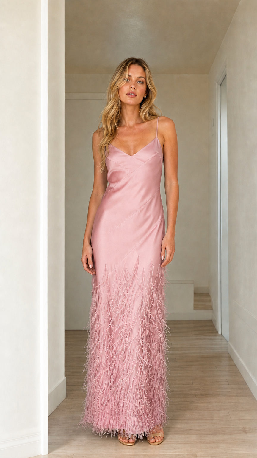 Woman wearing soft pink satin feather trim maxi slip dress