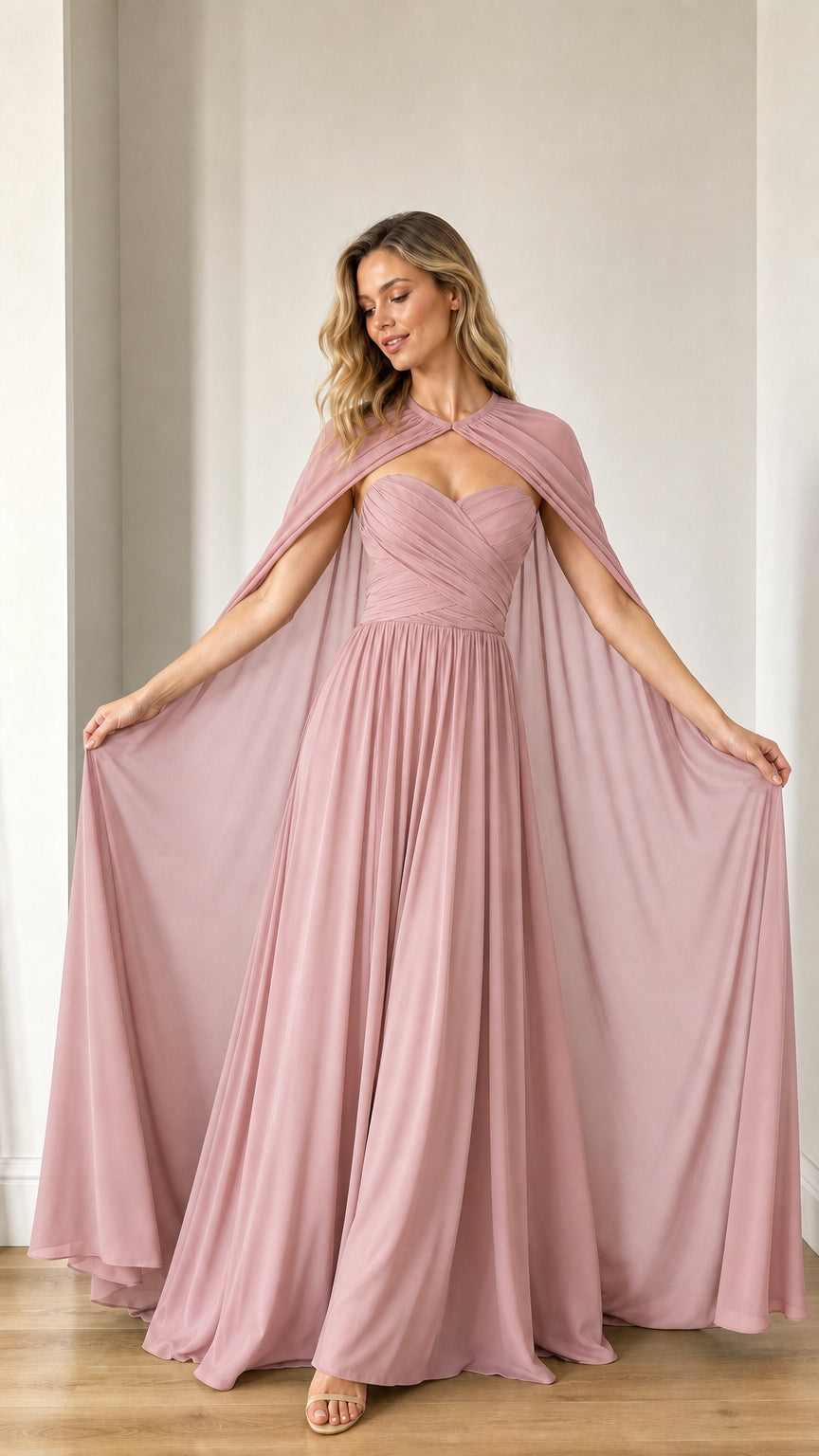 Front view of dusty rose evening dress with attached cape