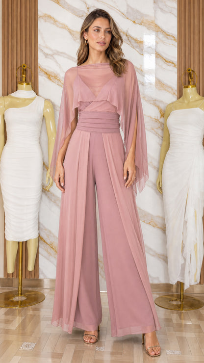 Model wearing dusty rose chiffon overlay wide-leg jumpsuit
