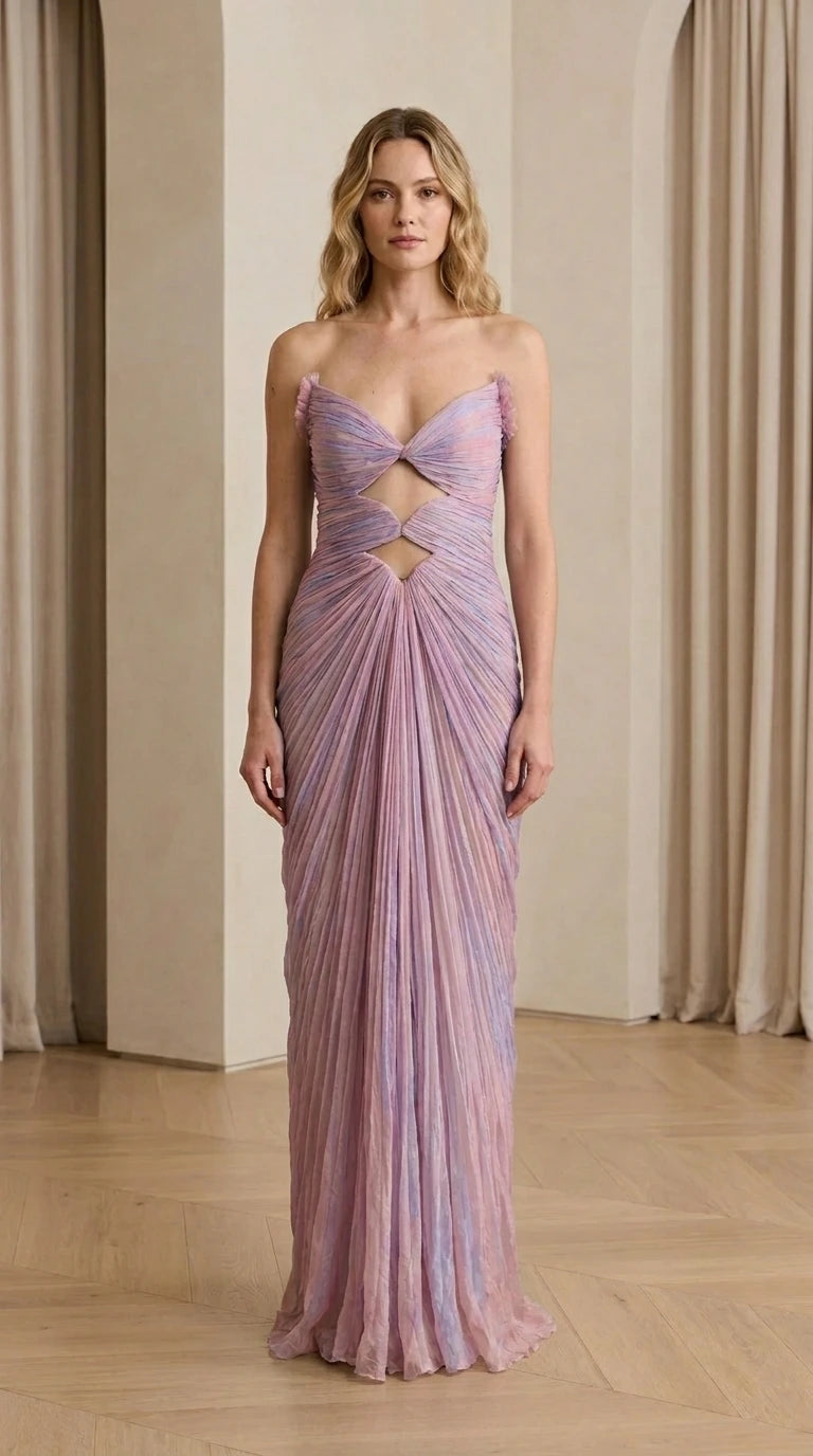Front view of Lilac cutout pleated evening dress