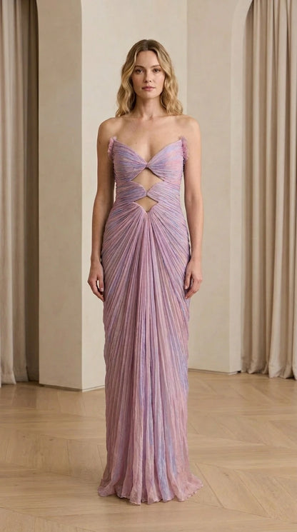 Front view of Lilac cutout pleated evening dress