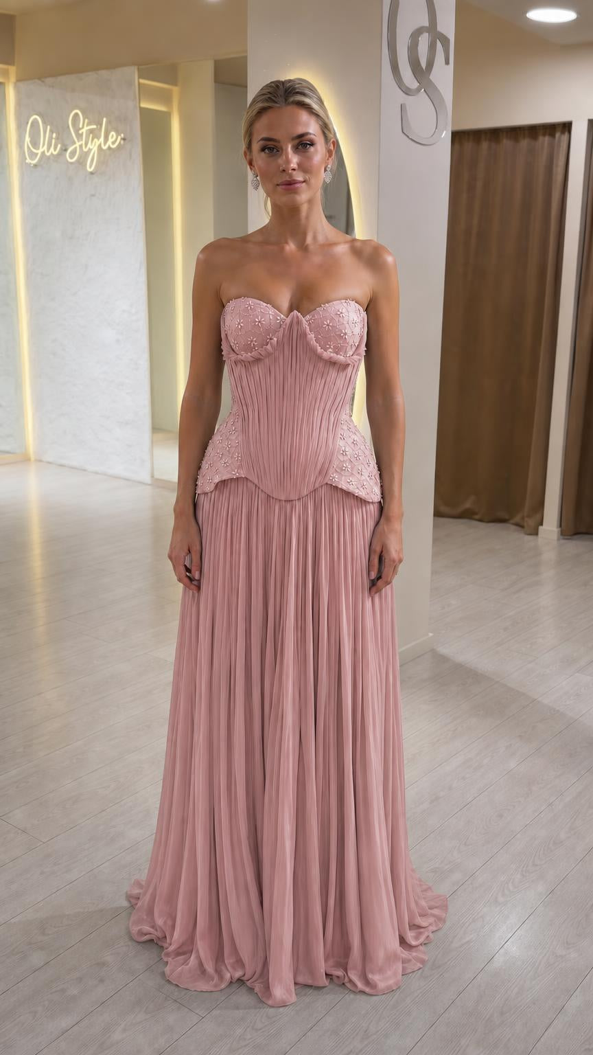 Front view of dusty rose strapless corset evening dress variant