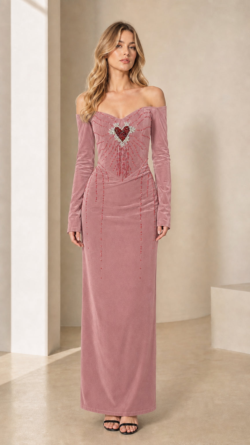 Dusty rose off-the-shoulder velvet evening gown with beaded heart detail