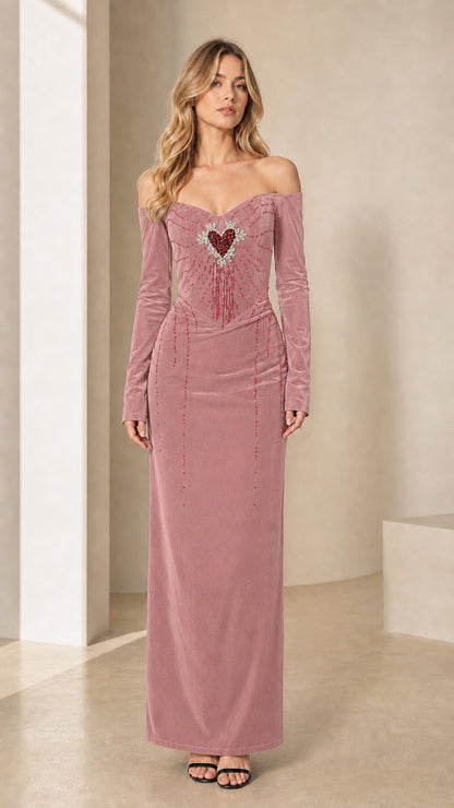 Dusty rose off-the-shoulder velvet evening gown with beaded heart detail
