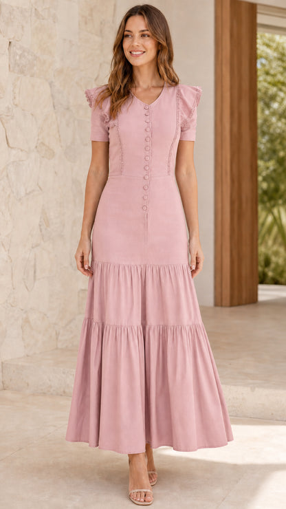 Full length view of model wearing Pink tiered maxi dress