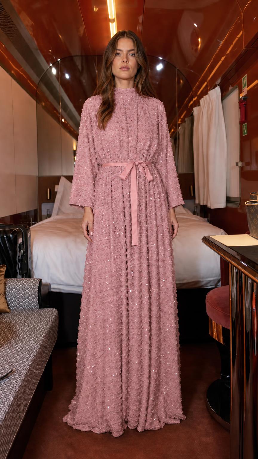 Front view of pink textured sequin maxi dress