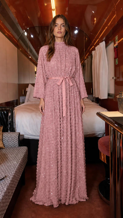 Front view of pink textured sequin maxi dress