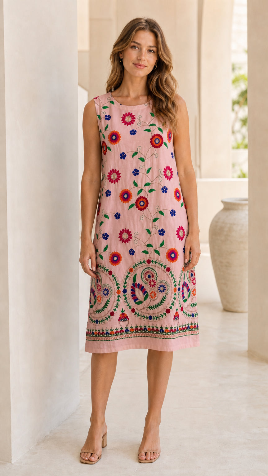 Front view of woman wearing light pink sleeveless embroidered shift dress