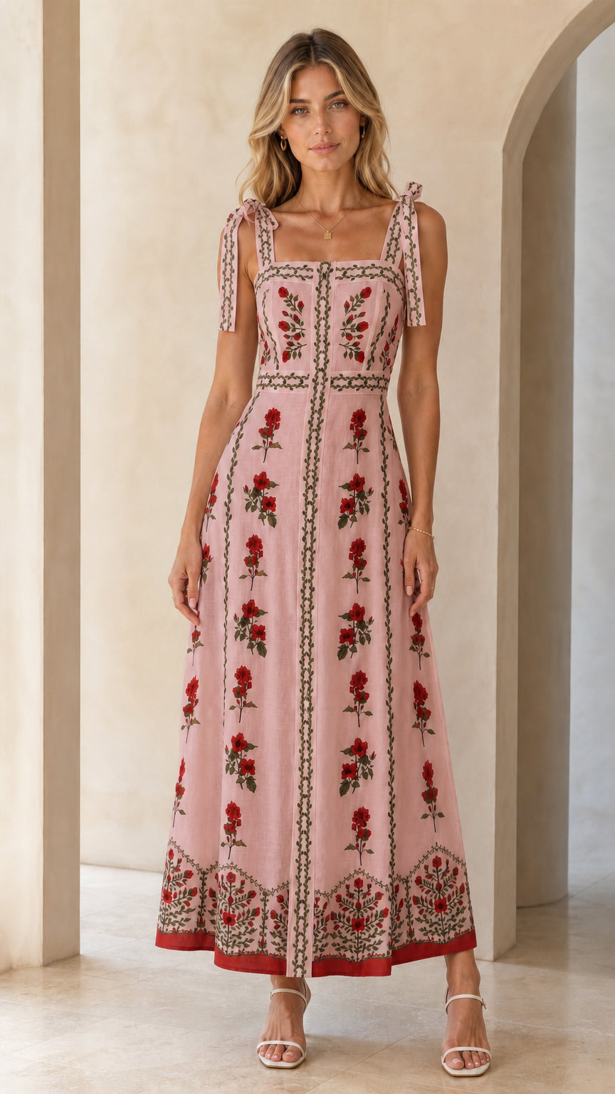 Woman wearing pink variant of the floral embroidered maxi dress