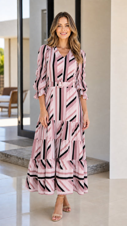 Front view of woman wearing pink geometric striped tiered midi dress