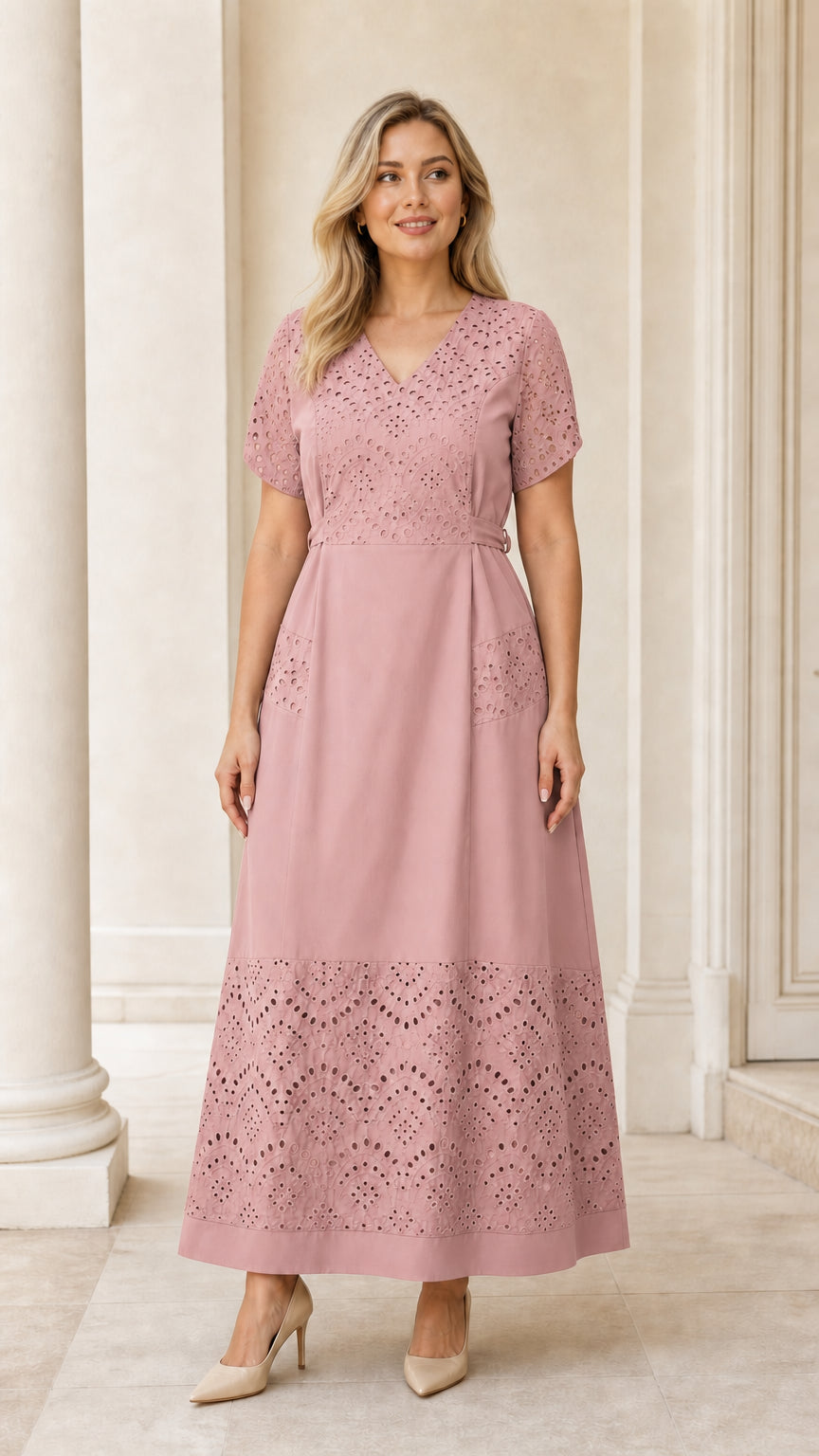 Full-length view of woman wearing dusty rose pink eyelet embroidered maxi dress