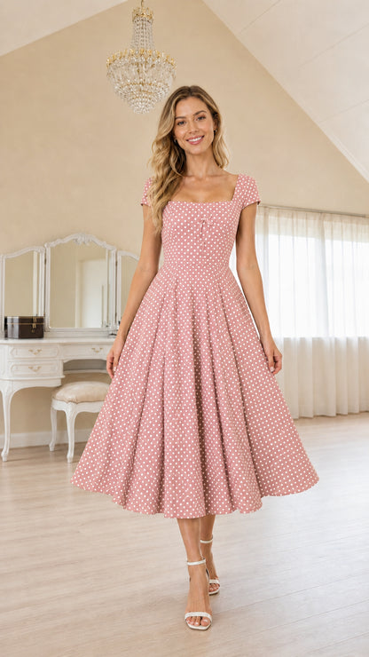 Model wearing Pink polka dot midi dress