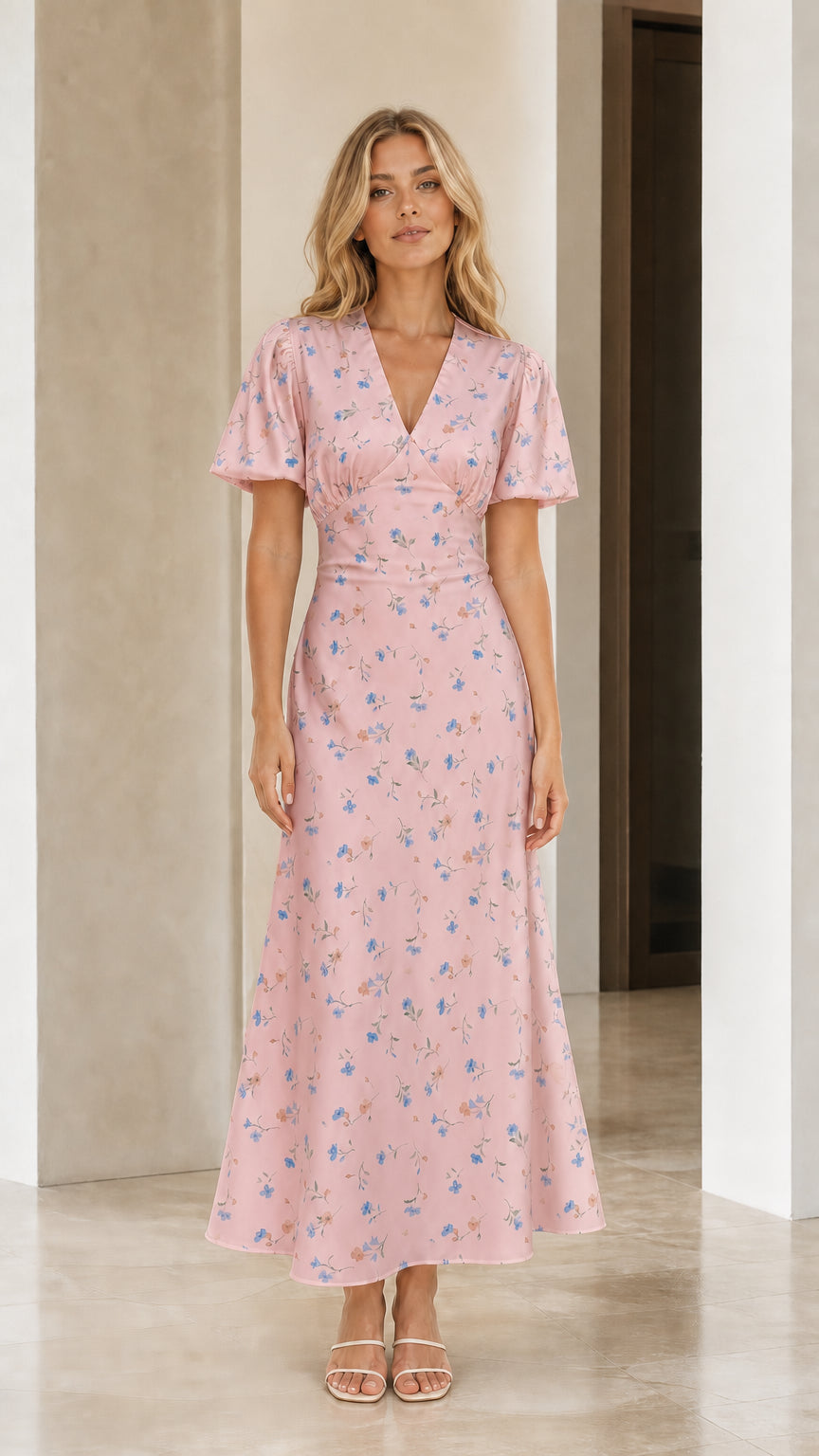 Front view of woman wearing pink floral print maxi dress