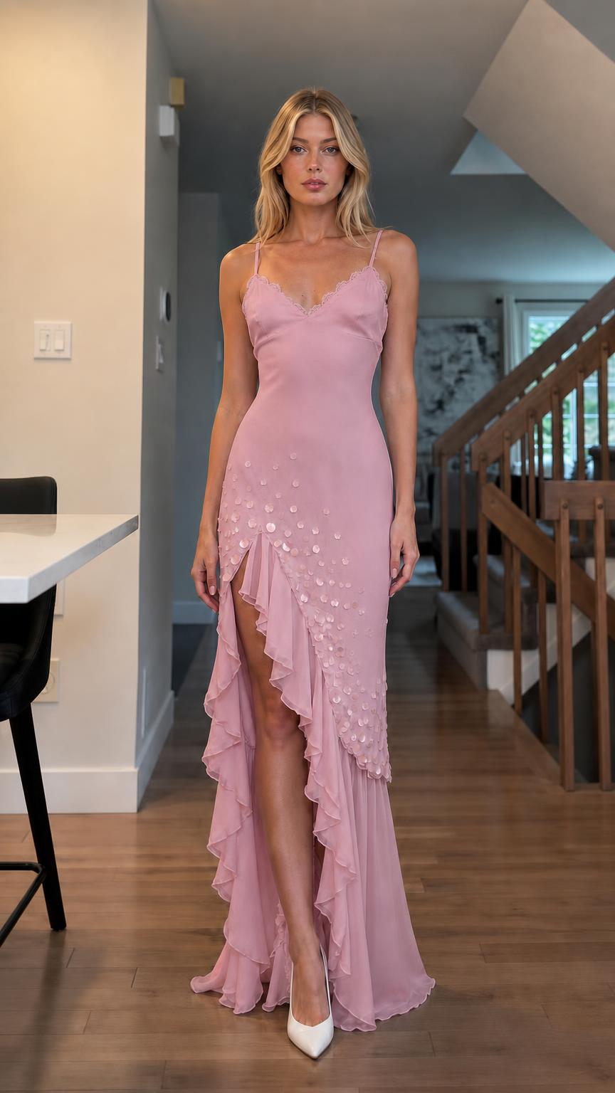 Front view of Dusty Pink sequin ruffle slip maxi dress