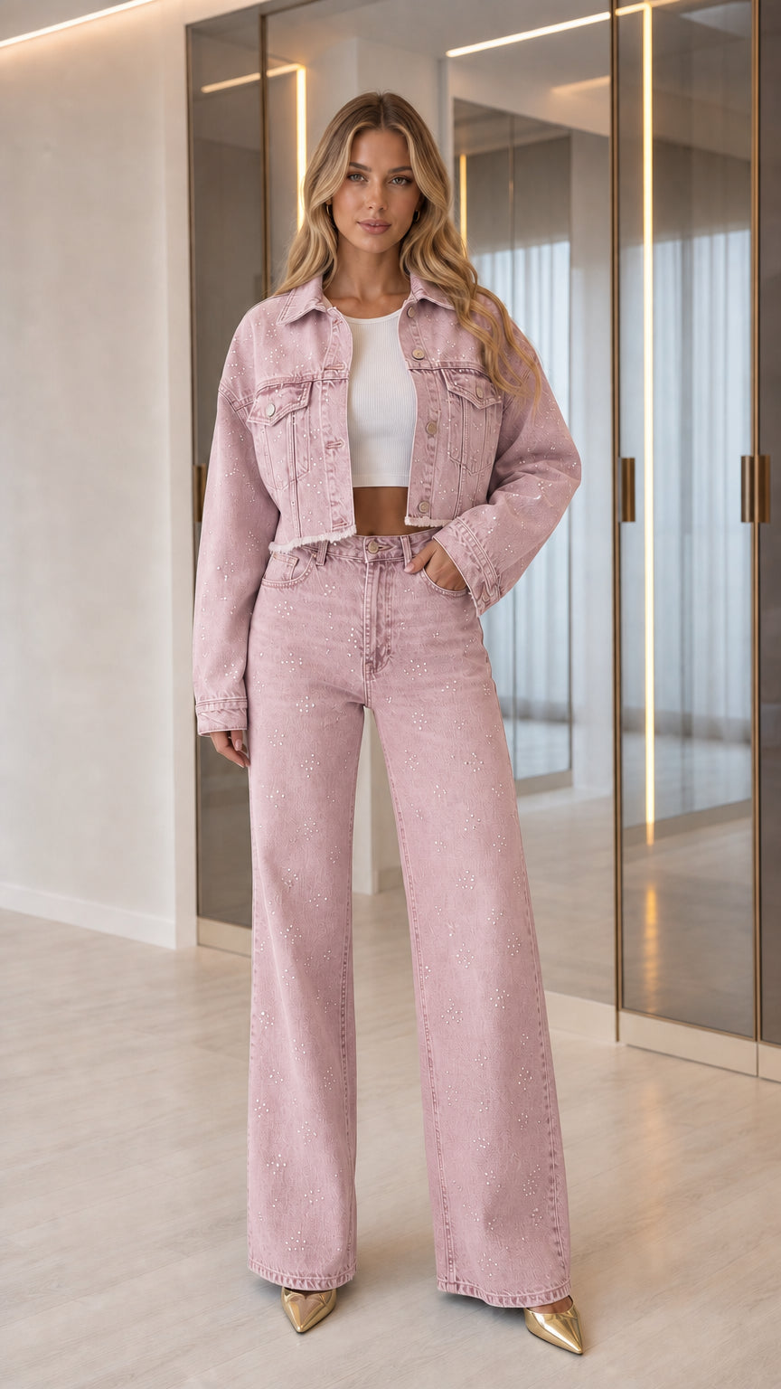 Full front view of model wearing Dusty Pink rhinestone cropped jacket and jeans set